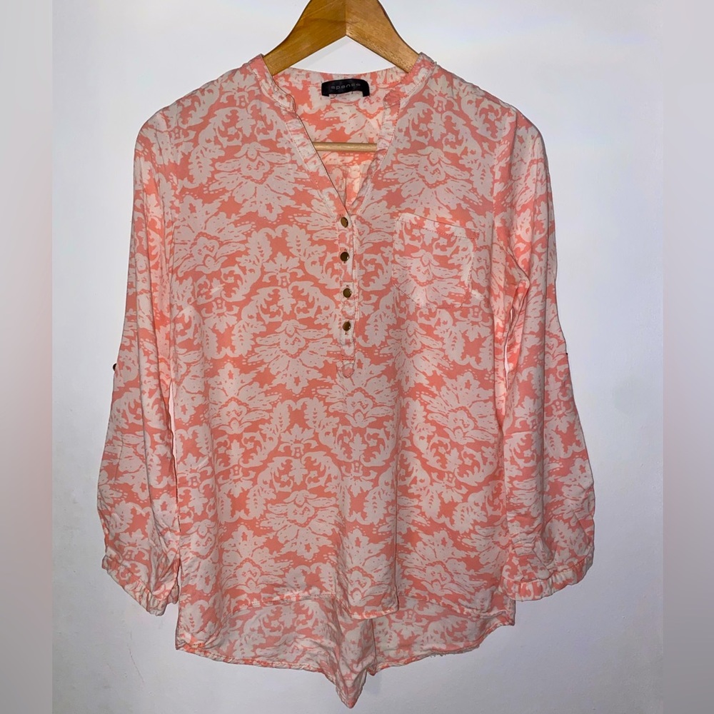 Spense Pink & White Floral Damask Blouse | Roll Tab Sleeve, Flowy Boho Top XS